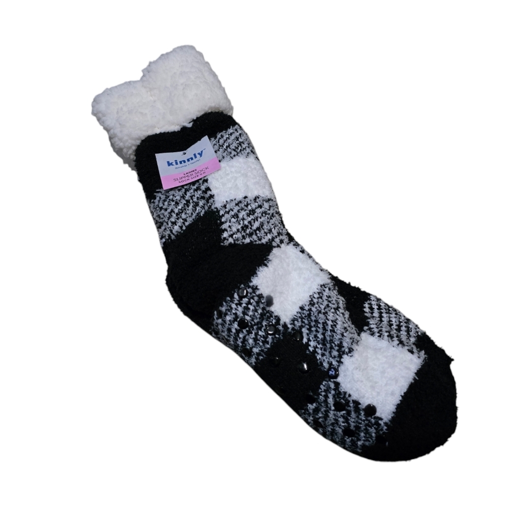 New With Tags Womens Size 9-11 Grippy Slipper Sock Black & White Checked Pattern